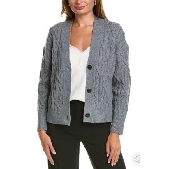 Vince Interlocking Cable Merino Wool & Cashmere Cardigan NWOT Size Large - Picture 2 of 7